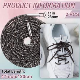 SmallCat 2PCS Rhinestone Shoelaces Ropes, 47" Glitter Round Shoe Strings for Sneakers, Crystal Hoodie String for Women, Bling Drawstring Cords Replacement Accessories for Sweatpants, Bags - Gun Black