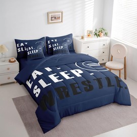 Feelyou Wrestling Sports Comforter Set with Sheets Twin Size Wrestling Sports Theme 7 Pieces Bedding Set for Kids Boys Girls Teens Deep Blue Wrestle Rodeo Bed in a Bag Wrestle Themed Bed Set