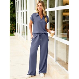 Glamaker Womens 2 Piece Summer Outfit Lounge Set Cap Sleeve Polo Top And Pant Set Tracksuit Travel Matching Outfit 2025(Blue Purple,Large)