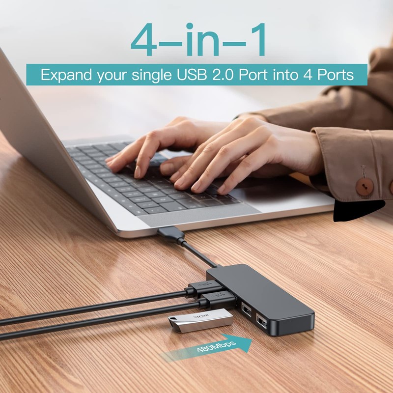 USB Hub, 4-Port USB 2.0 Hub Ultra Slim Portable USB