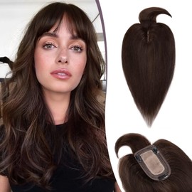 TESS Real Hair Topper Brown 7 x 13 cm Base Toupee Women's #2 Dark Brown with Fringe Hair Topper Real Hair 53 g 45 cm Hair Topper Clip in Hairpiece Extensions