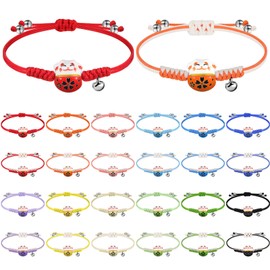 Kigeli 24 Pcs Lucky Cat Bracelets Cute Maneki Neko Adjustable Fortune String Feng Shui Bracelet Ceramic Lucky Cat with Bell for Women