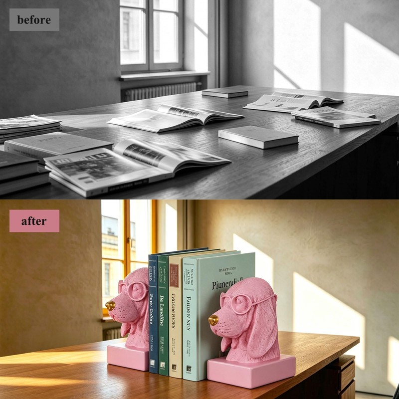 Pink Dog Book Ends for Shelves,Set of 2 Decorative Bookends
