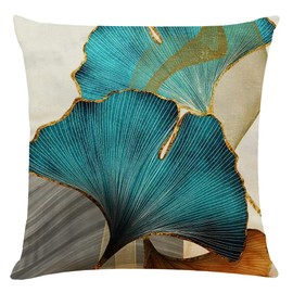 BCKAKQA Set of 4 Decorative Throw Pillow Covers 18x18 inches Teal and Gold Leaves Cushion Covers 45cm x 45cm Linen Square Pillowcases for Bedroom Living Room Sofa Couch Bed Throw Pillow Cases