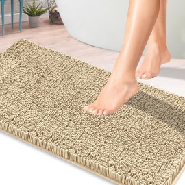 ITSOFT Chenille Bath Mat, Non Slip Bathroom Mat for Bathroom, Absorbent & Machine Washable Toilet Mat, Soft Plush Bathroom Rug, Bathroom Accessory (61x43cm, Beige)