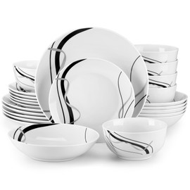VEWEET Porcelain Dinnerware Sets for 6, 24 Pieces Plates and Bowls Set with Black and Grey Ribbon Lines, Dishes Set Dining Ware for Dinner, Microwave and Dishwasher Safe, Series FIONA