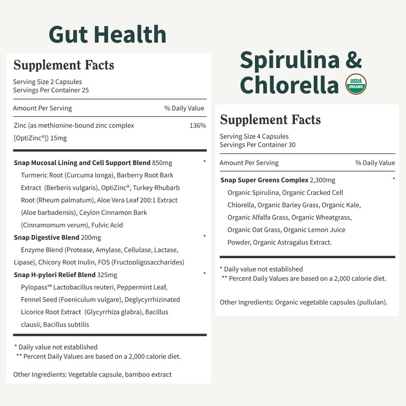 Snap Supplements Gut Health & Organic Spirulina Chlorella Bundle–Probiotic +