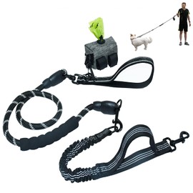 Tiesenci Heavy-Duty No-Pull Dog Leash – Shock-Absorbing Bungee & Tangle-Free Swivel with Reflective Stitches, Padded Handles & Poop Bag Holder for Medium & Large Dogs, Black
