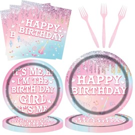 LASLU 96 Pieces Its Me Hi Im The Birthday Girl Music Tableware Set Taylors Birthday Party Supplies Happy Birthday Plates Napkins Forks for 24 Guests (Pink)