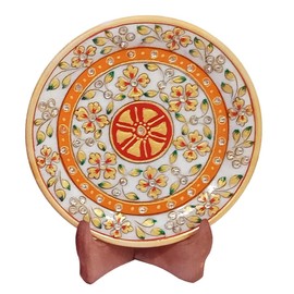 Purpledip Indian Gift : Handpainted Marble Plate with Wooden Stand in a Classy Velvet Box (10559)