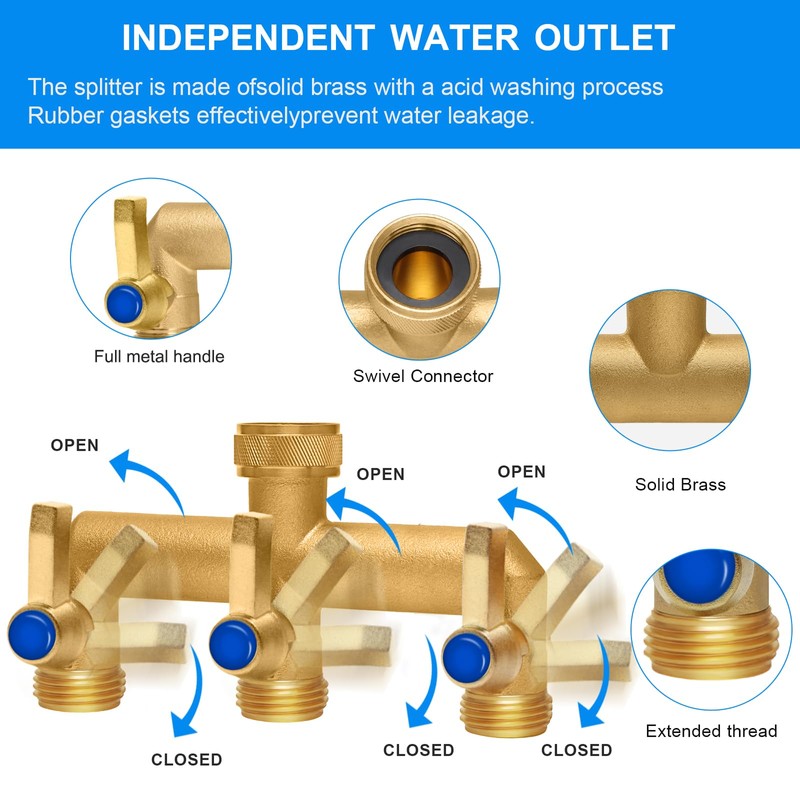 Brass Garden Hose Splitter, 3 Way Hose Splitter, Outdoor Hose