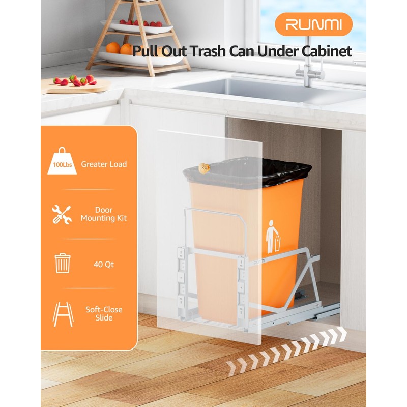 RUNMI Pull Out Trash Can Under Cabinet with Soft-Close Slides,Under