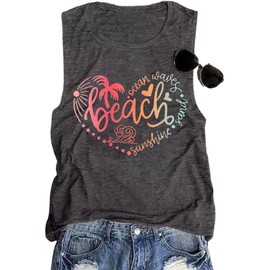 Beach Clothes for Women Funny Ocean Waves Sand Sunshine Letter Print Beach Tank Tops Summer Casual Sleeveless Girls Trip Tank Tops(Dark Grey S)