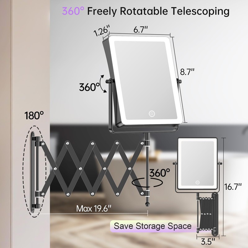 FASCINATE 5000mAh Rechargeable Wall Mounted Makeup Mirror with Lights, 8.7