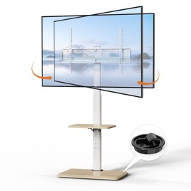 Rolling TV Stand with Hidden Wheels, Mobile TV Cart for 32-75 Inch TVs up to 99 lbs, TV Stand with Swivel and Height Adjustment, Floor TV Mount Stand with Wood Base