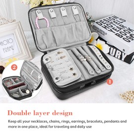 ProCase Travel Jewellery Case Jewellery Box for Jewellery Storage Jewellery Bag Soft Padded Double Layer Jewellery Organiser for Earrings Rings Necklaces Bracelets Watches etc. - Black