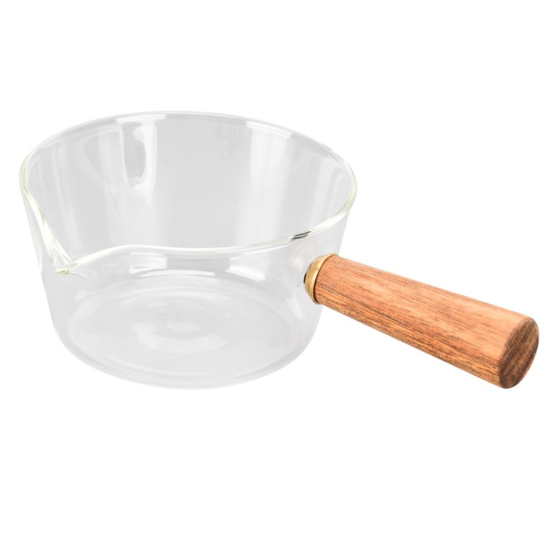 Glass Milk Pot with Wooden Handle V Shaped Spout Noodles
