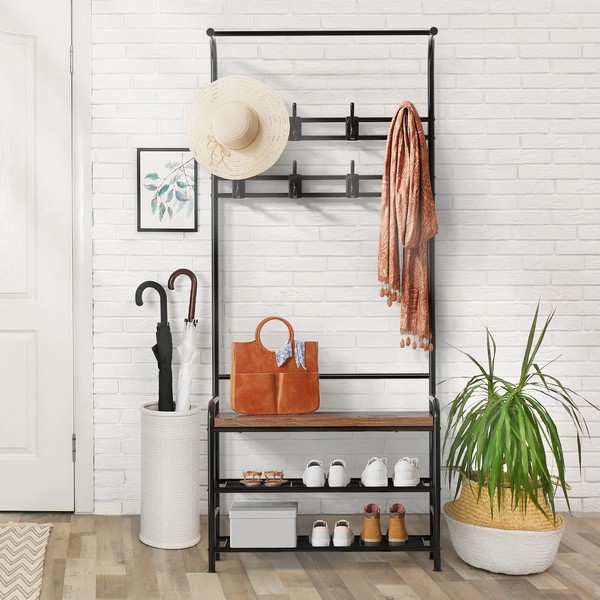 IDEALHOUSE Narrow Hall Tree Storage Bench for Entryway, Coat Rack Shoe Bench, 4-in-1 Coat Rack with Bench 3-Tier Storage Shelf and 8 Hooks, Coat Tree for Entryway, Living Room, Bedroom, Rustic