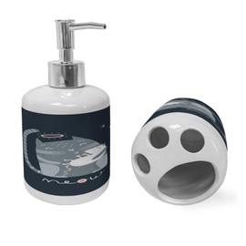 Ambesonne Kissing Soap Dispenser & Toothbrush Holder Set, Nocturnal Themed Cartoon Demonstrated Cat Motif Caring Mouse Meow, Ceramic Bathroom Toiletry Accessories, 2 Pcs, Dark Slate Blue Blue Grey