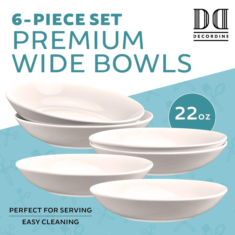 6 Porcelain Pasta Bowls - Bowl Dish Set for Salad,
