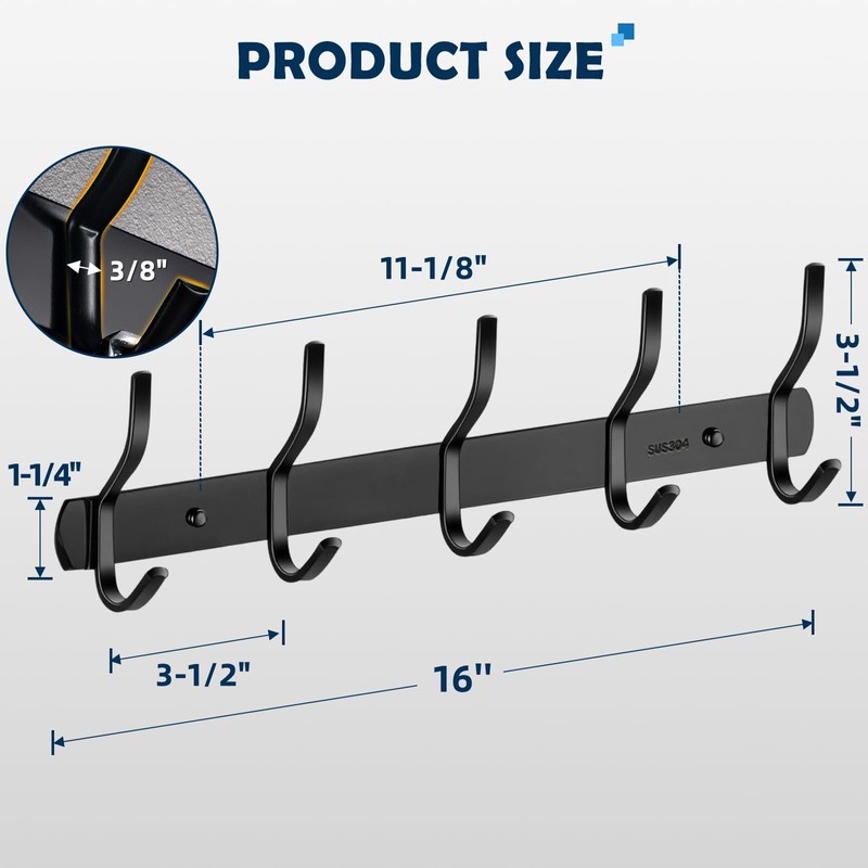 TooCust Coat Rack Wall Mounted, 5 Hooks 16", Heavy Duty,
