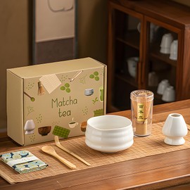 YVISKPQF Matcha Kit Profesional 7 Pcs,Matcha ceremonial kit con whisk,ktazón de cerámica y estera de té,con caja de color para amantes del té(Blanco)