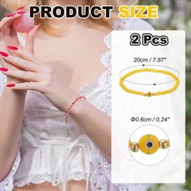 MECCANIXITY 6mm Turkish Evil Eye Bracelets, 2 Pcs Good Luck Protection Crystal Bead Stretch Bracelets Charm for Women Men Stackable Blessing Jewelry (Yellow)