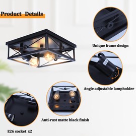 LOCLGPM 2-Lights Industrial Flush Mount Ceiling Light Fixture, Black Farmhouse Ceiling Light with Metal Frame, 2 Pack Square Ceiling Lamp for Hallway, Kitchen, Bedroom, Living Room