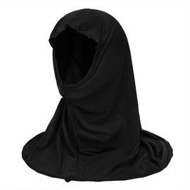 Girls Muslim Hijab Floral Lace Head Scarf Kids Islamic Arab Scarf Shawls Head Wrap with Flowers (black (with rhinestone))