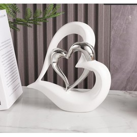Double Heart Ornament,Double Heart Ceramic Statue,Home Decoration sculpture,Creative Home Modern Home Decoration Gift Office Living Room Decoration Collection Souvenir,Gift. (White Silver D)