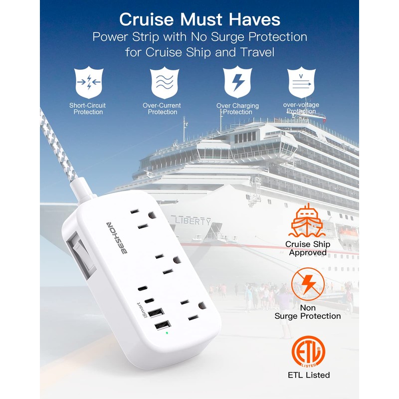 15FT Flat Extension Cord, BESHON Flat Plug Power Strip with