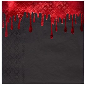 WRAPAHOLIC 50Pcs Black Halloween Paper Napkins - 3-Ply Red Gold Foil Flowing Blood Disposable Luncheon Napkins for Halloween, Birthday, Party - 6.5 x 6.5 In