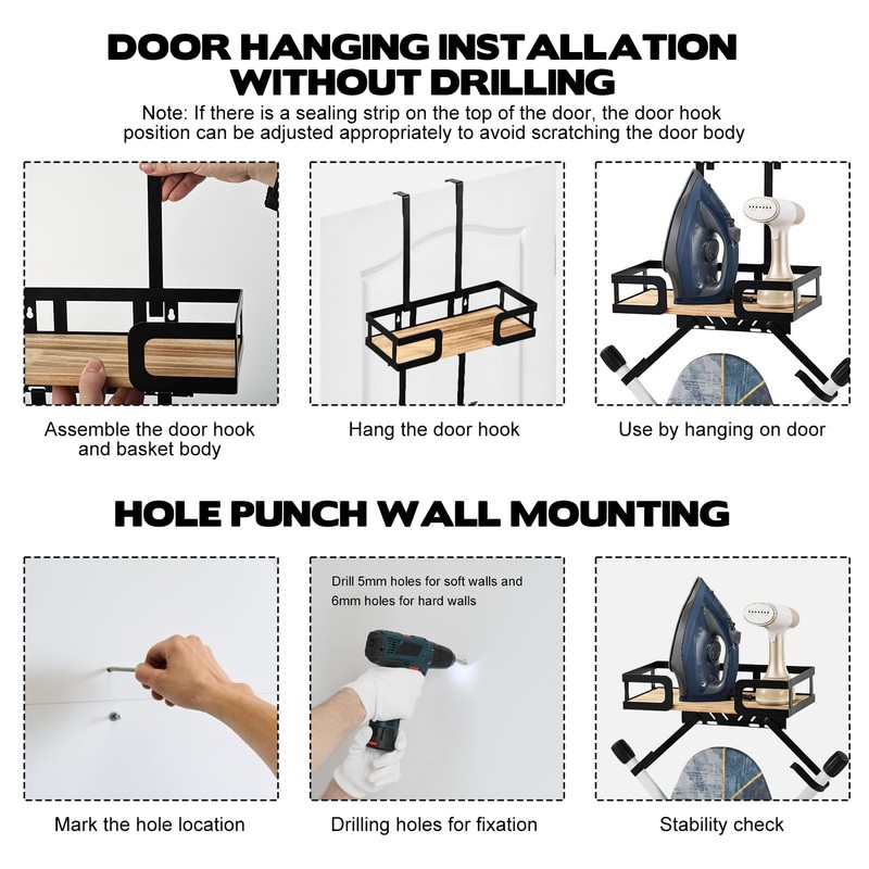 Ironing Board Hanger Wall Mount with Adjustable Double Hooks,Dual Installation