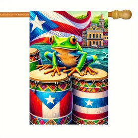 Blissyard Puerto Rico Garden Flag Cute Flags Funny Flag Colorful Coqui Frog With Drums And Flag Design 12x18 Inch Double-Sided Outdoor Decoration For Yard Lawn Patio