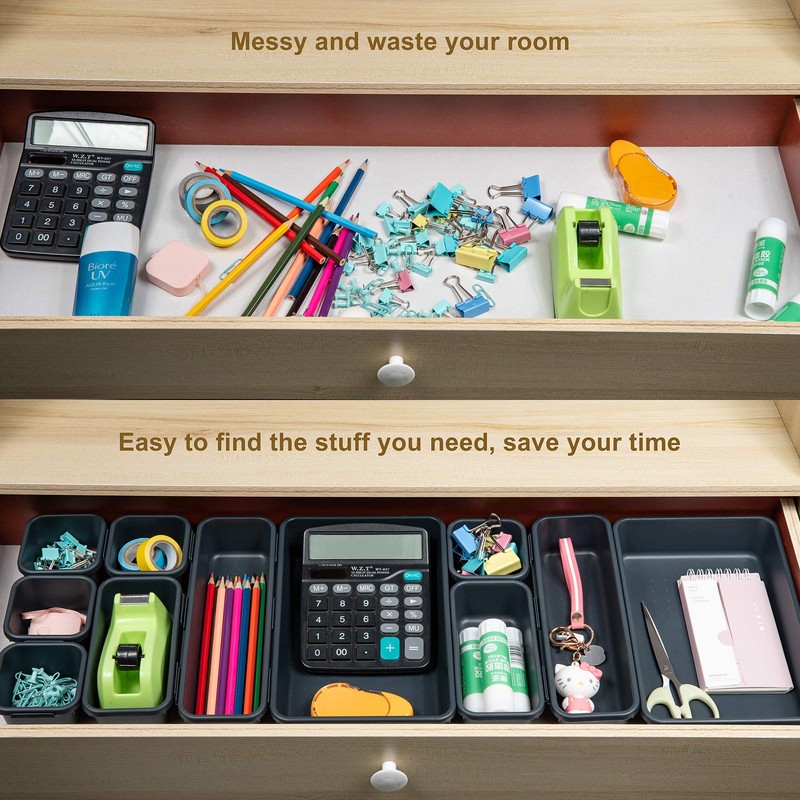 Gonice 18 PCS Black Desk Drawer Organizer Tray, Interlocking Drawer