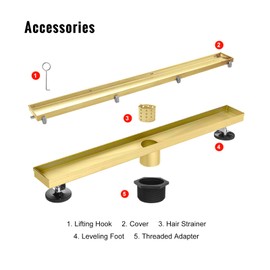SaniteModar Linear Shower Drain, Gold Shower Drain 32 inch with 2 in 1 Tile Insert and Flat Panel, AISI 304 Stainless Steel Gold Linear Shower Drain with Hair Strainer and Leveling Feet