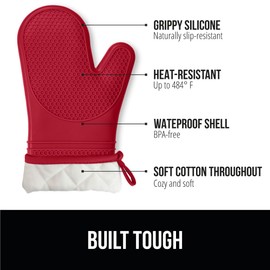GORILLA GRIP BPA-Free Soft Silicone Oven Mitts, 14.5x8.3, Heat Resistant and Waterproof Cooking Gloves, Thick Cotton Lining, Flexible Gripping for Baking Grilling, Kitchen Potholders Set of 2, Red
