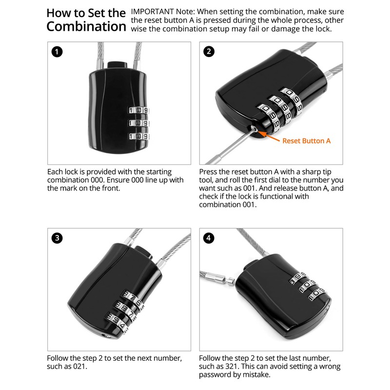 QWORK Motorcycle Helmet Lock, 2 Pack Password Lock & Cable