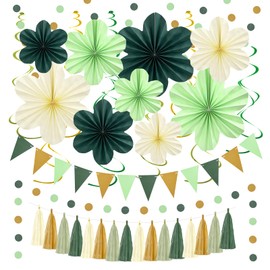 Marwey Sage Green Party Decoration Kit, 9Pcs Hanging Paper Flowers, Tassel Garland & Swirls for Birthday, Bridal Shower, Wedding, Bachelorette Party, Baby Shower, Classroom Decor