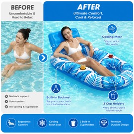 Adult Inflatable Pool Lounger for Summer Relaxation – Mesh Seat Float with Backrest, Foot Opening & 2 Cup Holders