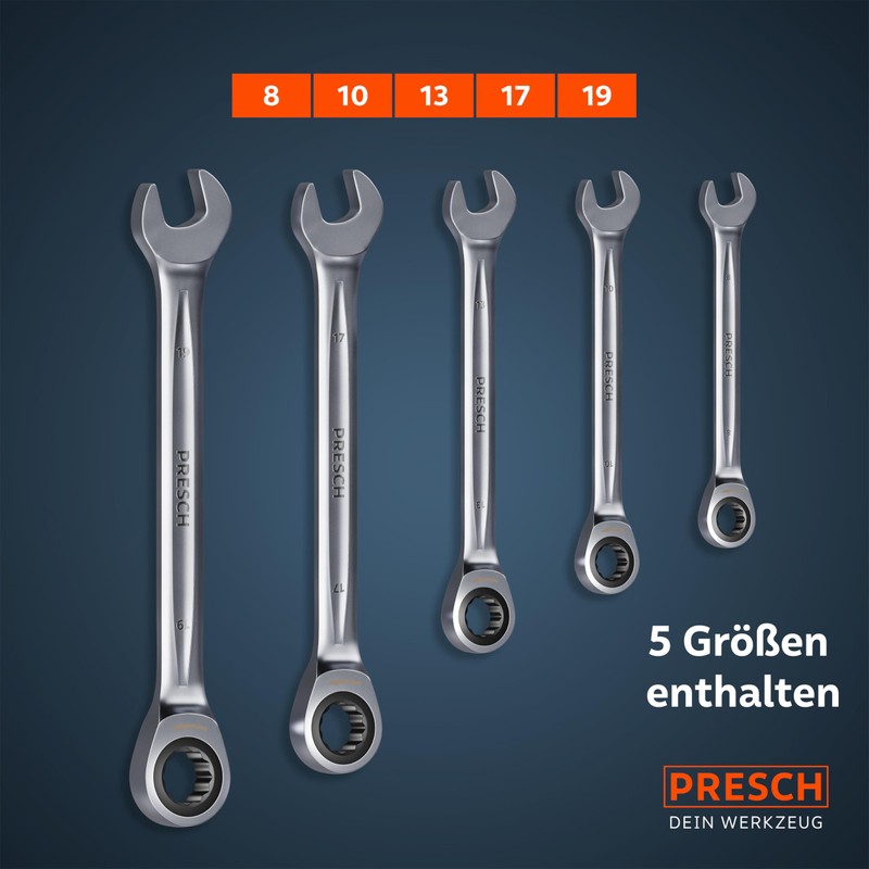 PRESCH Ratchet Wrench Set 5 Pieces Reversible (8, 10, 13,