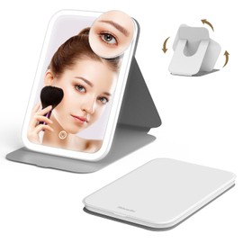 Mocado Travel Makeup Mirro with Lights, 360° Rotation Lighted Makeup Mirror, Portable Mirror with 10x Magnification, 60LEDs 3 Color Lightings, Dimmable Touch Screen, Tabletop Light up Mirror(White)