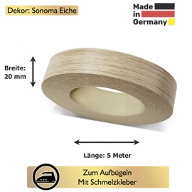 ben+camilla.com Iron-On Edging Tape, Sonoma Oak, 20 mm x 5 m, Roll, Matt, Smooth, for Professional Results, Edge Protection