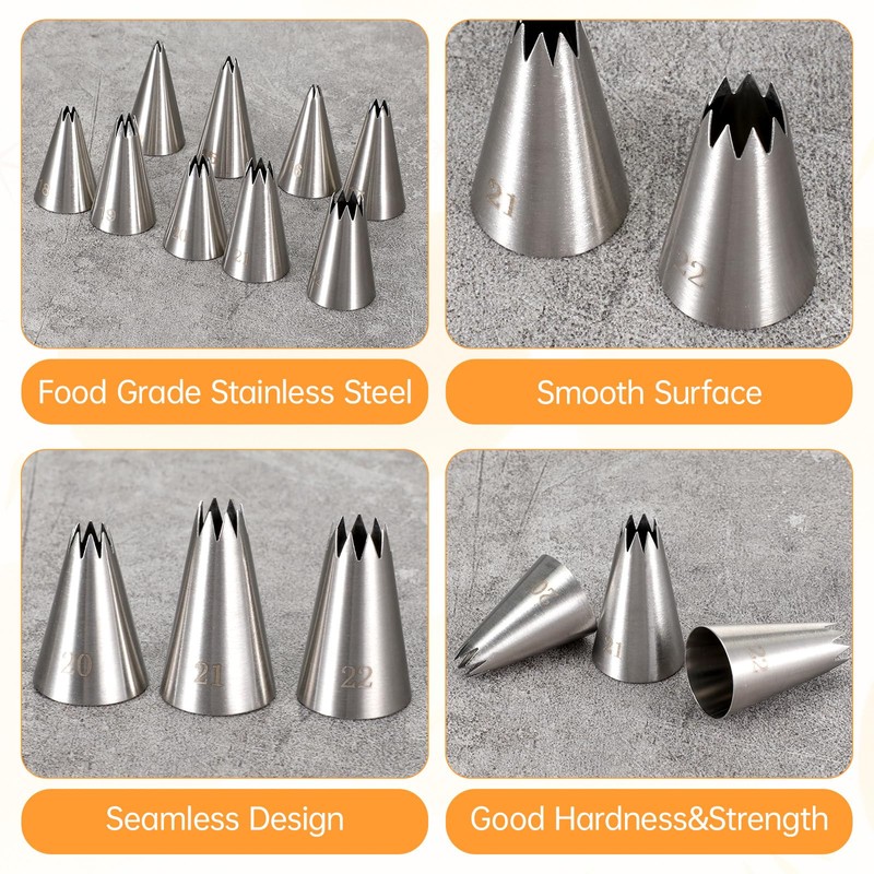 Stainless Steel Star Piping Tips Set, 9 Piece French Star