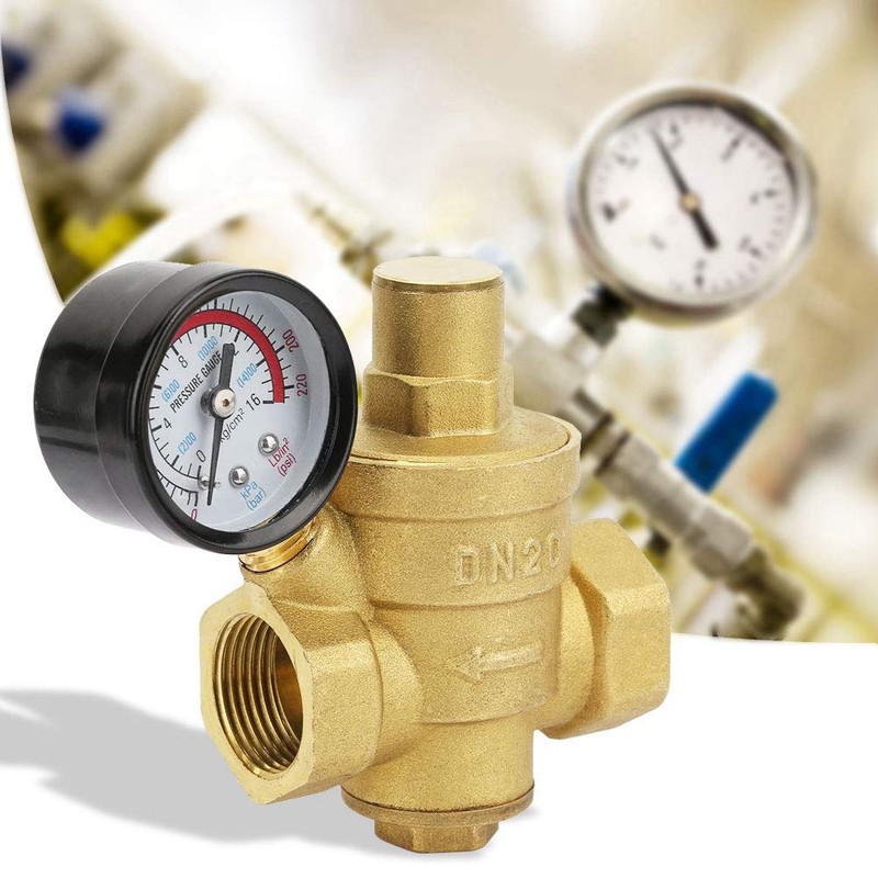 DN20 Einstellbarer Messing-Wasserdruckregler, Druckminderventil Druckregelventil mit Manometer für Horizontale Rohre