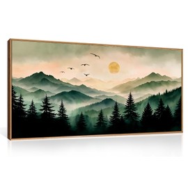 Ausril Misty Forest Framed Canvas Wall Art Set, Boho Mountain Landscape Wall Decor, Pine Tree Wall Painting, Nature Sunrise Art Prints for Living Room, Bedroom, Dining Room, Office - Large 20"x40"x1