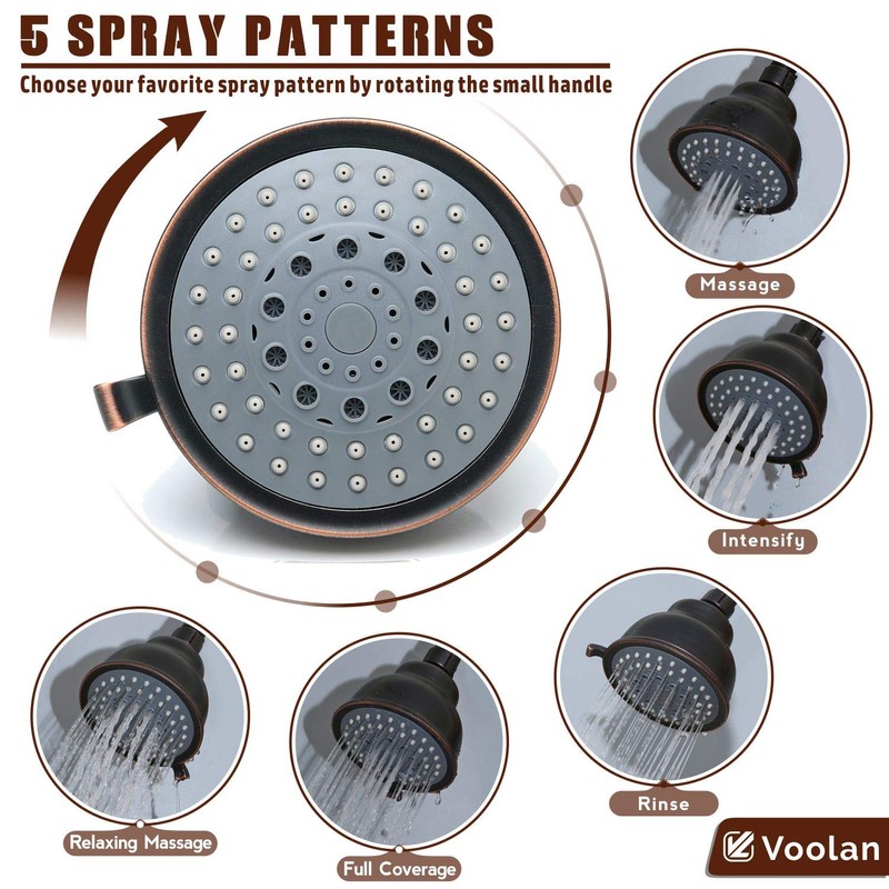 Voolan High Pressure Shower Head - 5 Function Rain Shower
