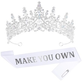 FASOTY Custom Sash with Crown White Blank Satin Sash For Women Girls Birthday Prom Pageant Bride to Be Make Your Own
