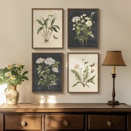 Framed Botanical Wall Art - 4 Piece Rustic Floral Canvas Paintings Prints ArtWork for Walls, Vintage Flower Butterfly Pictures for Farmhouse Living Room Bedroom Kitchen Bathroom Wall Decor 8x10 In