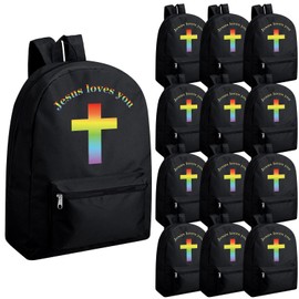 Amylove 12 Pcs Jesus Loves You Cross Backpack Bulk- 17 Inch Christian Religious Backpacks Vbs Gifts for Summer Camp, Travel(Black)